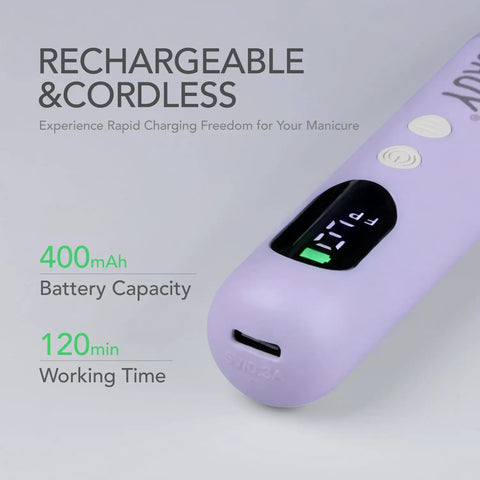 Effortless Cordless Nail Drill And Electric Nail File With Bright LED Display and a 400mAh battery capacity for home gel manicures.