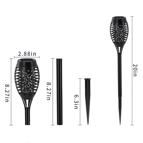 Dimensions of Blue Outdoor Solar Torch Lights 12 Pack With Flickering Flame Waterproof Mini Tiki Torches for garden use.