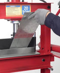 Heavy Duty Press Brake Attachment For Hydraulic Shop Presses 12 To 20 Ton, 12 Inch Bend Length shown in use with metal sheet