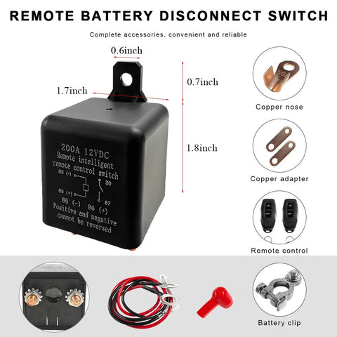 Wireless Remote Battery Disconnect Switch 12V Top Post Negative Kill Switch 200A Automotive Power Cutoff with wiring and remote control.