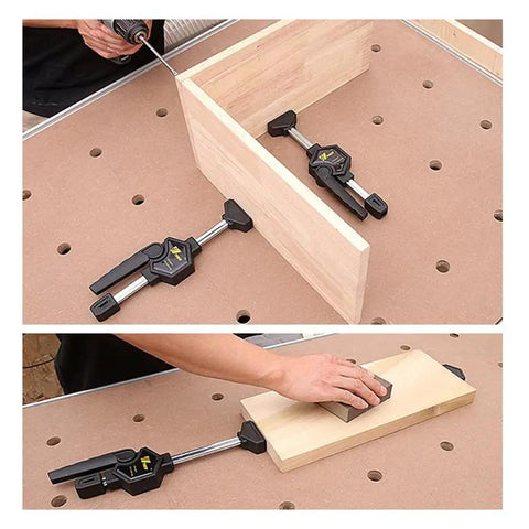Light Duty Bar Clamp Set For Woodworking on perforated table, securing wood pieces, adjustable quick clamp fixtures in use