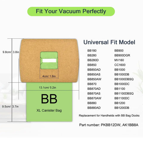 Product packaging for 22 Pack Vacuum Bags Replacement For Oreck Canister Vacuum Models BB180 BB280 BB850 BB870 BB880 BB900 BB1000 BB1100 BB1200 CC1600 Type BB with size dimensions and model compatibility details.