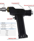 Heavy Duty Veterinary Orthopedic Bone Drill Smooth Operator High Torque Speed Control For Cannulated Surgery With Dual Batteries and Sterile Case For Kirschner Needles close-up of cannulated drill chuck and soft trigger features.