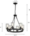 Six Light Industrial Rustic Farmhouse Wagon Wheel Chandelier In Black Metal With Clear Glass Shades, 22.8 inch diameter