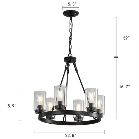 Six Light Industrial Rustic Farmhouse Wagon Wheel Chandelier In Black Metal With Clear Glass Shades, 22.8 inch diameter
