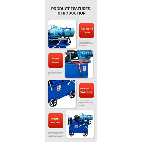 Beefy Thread Rolling Machine For Rebar And Steel Components, Heavy Duty Metal Thread Forming Equipment For Bolt Production And Construction Projects Today with blue frame and wheels