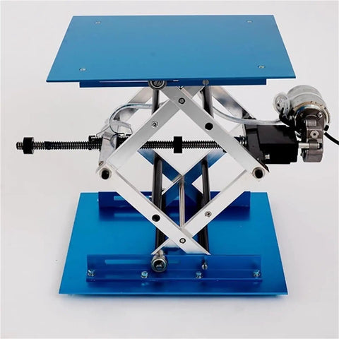 Industrial Grade Electric Scissor Lift Platform Featuring A Heavy Duty Hydraulic Table Built Tough For Massive Payloads and Hassle Free Material Transport Across Any Workspace, blue tabletop.