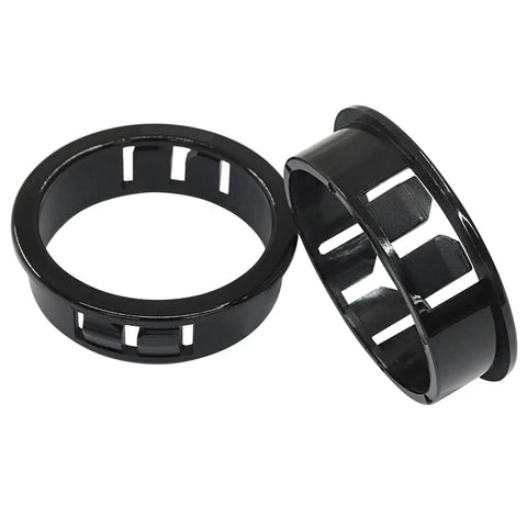 One And A Half Inch Round Cable Snap Bushing Grommet Black 50 Pack Easy Snap Fit Plastic Hole Plugs for Wires, shown up-close