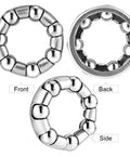 Front, back, and side view of bike ball bearings and retainer cages for front and rear hubs, stainless steel replacement, pack of 4.