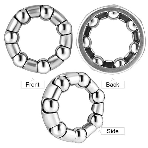 Front, back, and side view of bike ball bearings and retainer cages for front and rear hubs, stainless steel replacement, pack of 4.
