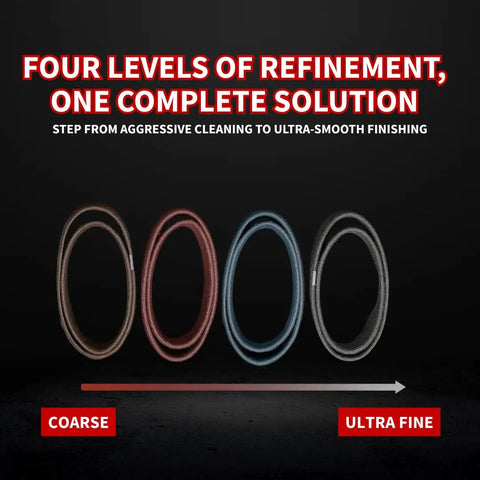 2 Inch By 72 Inch Surface Conditioning Kit With Coarse, Medium, Very Fine And Ultra Fine Nonwoven Belts in four levels