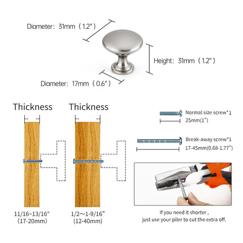 Dimensions and installation guide for Brushed Satin Nickel Cabinet Knobs And Dresser Pulls 2 Pack Solid Zinc Alloy Single Hole Kitchen Hardware.