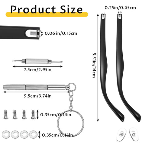 DIY Glasses Temple Replacement Arms Kit With Screws, Washers, Screwdriver And Nose Pads TR90 Eyeglasses Repair Set In Black diagram