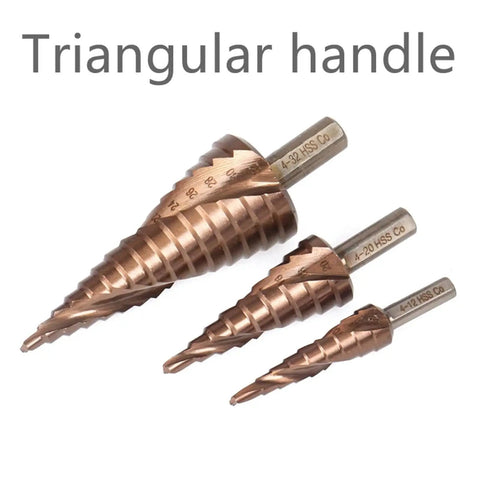Super Sharp Hss M35 Cobalt Step Drill Bits Set For Stainless Steel And Metal, High Speed Spiral Flute Design With Hex Shank, Perfect For Heavy Duty DIY Projects And Precision Hole Cutting Tasks Like A Boss triangular handle step drill bits set, 4-32 HSS Co