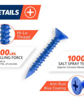 3/16 By 1-1/4 Concrete Screws With 5/32 Drill Bit, anti-rust blue-coated flat head masonry anchor, Hi-Lo thread detail