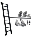 Heavy Duty Sliding Barn Door Hardware Kit Adjustable From Three Point Three Feet To Twenty Feet With Floor Rollers And Black Steel Round Tube Track For Mobile Library Ladders Built Tough Includes Track Supports Wheels And Stops components displayed