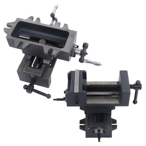 Heavy Duty 4 Inch Cross Slide Drill Press Vise Made From Industrial Grade Cast Steel With Precision 100 Mm Jaw Opening and detailed mechanism view.