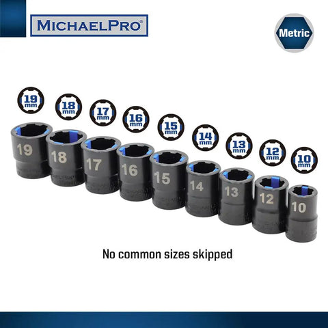 18 Piece Bolt Extractor Wrench And Socket Set For Tackling Tough Bolts With 45 Degree Offset Wrenches Metric 6-19mm 6 Point Box End For Rounded Stripped And Thin Bolts CR-V Steel Extractor Sockets 10-19mm Extension Bar Included, showing metric sizes 10-19mm on black sockets.