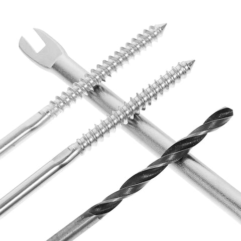 Close-up of tools and hardware from Cable Railing Kit For Deck And Stair With One Eighth Inch Compression Lag Screws In Stainless Steel