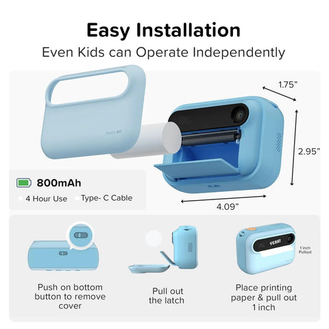 Kids Instant Print Camera Kit With 16MP Sensor, 9 Rolls Paper, Travel Case And Wearable EVA Case, Prints Up To 450 Photos, Durable Lightweight Gift For Ages 4 To 12, Your Kid's New Travel Photo Buddy, blue camera open