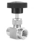 Stainless steel needle valve with black knurled knob; 1/4" NPT female to 1/4" NPT female, angle outlet.