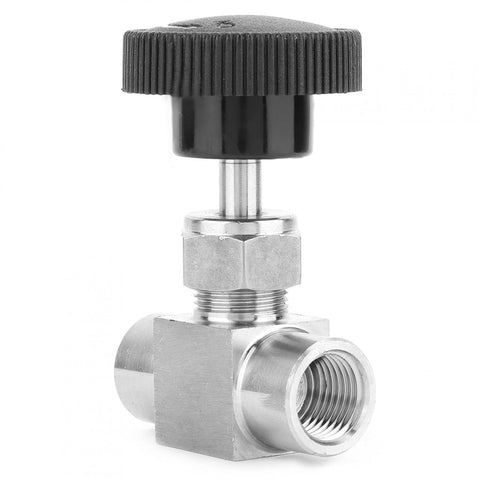 Stainless steel needle valve with black knurled knob; 1/4" NPT female to 1/4" NPT female, angle outlet.