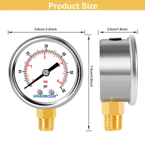 Lead Free Water Pressure Gauge 60 Psi 2 Inch Dial Stainless Steel Case Lower Mount 1/4 Inch NPT with size dimensions
