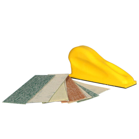 MicroZip Sander Kit with assorted grit sanding sheets, 3.5 x 1 inch hook and loop pad, yellow ergonomic tool with sheets displayed