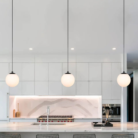 Matte Black Globe Pendant Light 1 Light, Dope Modern Adjustable Hanging Ceiling Fixture For Kitchen Island, White Glass Sphere Shade