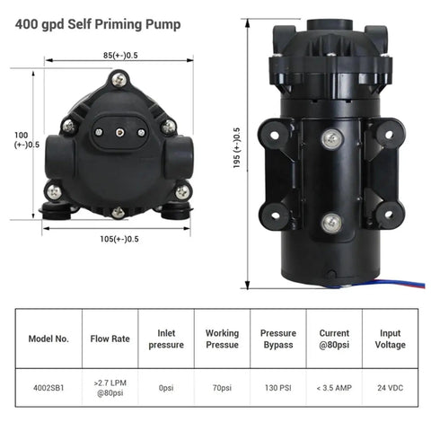 400 gpd Self Priming RO Booster Pump dimensions and features, designed for smooth reverse osmosis water flow.