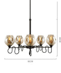 Industrial Six Light Ceiling Pendant With Amber Glass Shade Vintage Iron Chandelier For Bars Cafes Living Rooms, 80cm size.