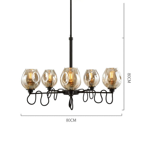 Six Light Industrial Chandelier Featuring Warm Amber Glass Shades And Heavy Duty Iron Frame Perfect For Upscale Cafes Bars delivering a chill retro vibe plus badass vintage charm for your spot with dimensions 80cm.
