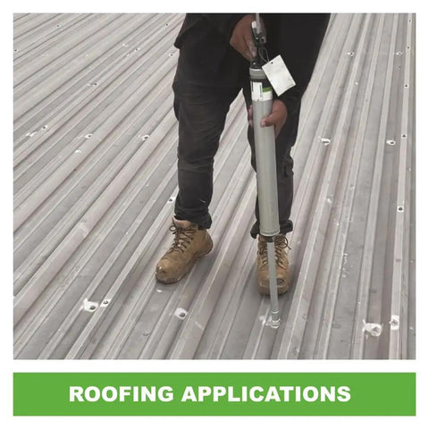 Using Spot Pro System Bulk Dispenser With Extension Nozzle for sealing exposed metal roofing fasteners, 30 oz kit shown.