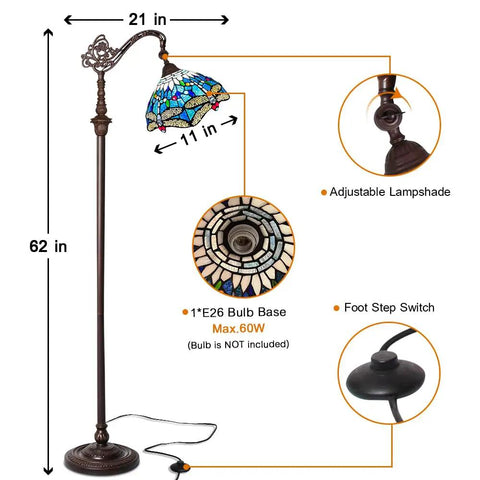 Dope Tiffany Style Stained Glass Floor Lamp With Sea Blue Dragonfly Pattern, 62 Inch Tall, 11 Inch Shade, Dark Bronze Pole, Foot Switch