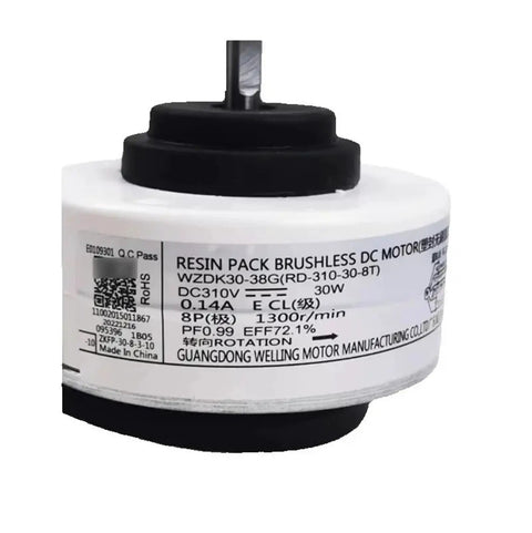 Air Conditioner Inverter Fan Motor WZDK30-38G 1 Piece Brushless DC Motor Replacement for AC Units with label details visible.