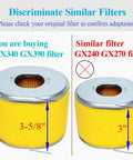 Comparison of GX340 GX390 filter and similar GX240 GX270 filter with size differences for Honda engines.