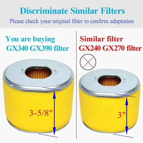 Comparison of GX340 GX390 filter and similar GX240 GX270 filter with size differences for Honda engines.