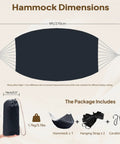 Diagram showing Cotton Portable Camping Hammock With Tree Straps Up To 660 Lbs with dimensions and included accessories.
