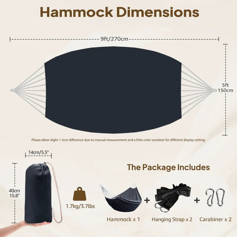 Diagram showing Cotton Portable Camping Hammock With Tree Straps Up To 660 Lbs with dimensions and included accessories.