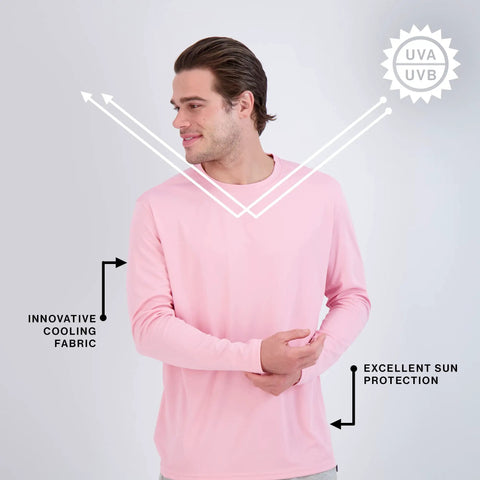 Man wearing Men's UPF 50+ ProtectUV Mega Solar Long Sleeve Shirt With Melanoma Foundation Seal Of Approval All Day Comfort Moisture Wicking Fabric Lightweight Sun Protection For Fishing Sailing Surfing Kayaking And Outdoor Adventures in pink showcasing innovative cooling fabric and excellent sun protection.
