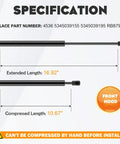 Diagram showing Lexus Hood Lift Supports For 1998 2005 GS300 GS400 GS430 Beefy Replacement Shocks at 16.92" extended and 10.67" compressed lengths
