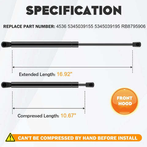 Diagram showing Lexus Hood Lift Supports For 1998 2005 GS300 GS400 GS430 Beefy Replacement Shocks at 16.92" extended and 10.67" compressed lengths