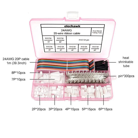 Open kit with 2.54mm JST Pin Header Connector Kit With Ribbon Cables And Heat Shrink Tubing Includes 2P To 8P Male And Female Housings