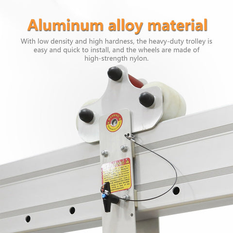 Heavy Duty Aluminum Gantry Crane Setup Boasting Slick 360 Spin Arm Quick Height Tweaks And No Sweat Rolling Casters close-up of aluminum alloy trolley and nylon wheels.
