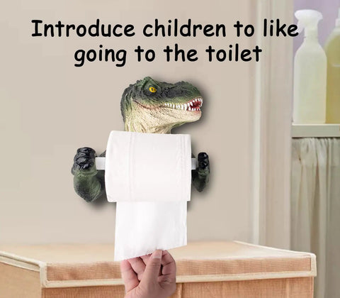 Dino Themed Toilet Paper Holder Adhesive Wall Mount in use, showing resin dinosaur design holding a roll, ideal for kid friendly bathroom decor.