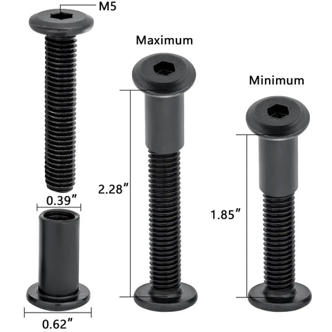 25 Piece M8x40mm Black Furniture Bolts And Cabinet Connector Screws With Barrel Nuts Kit showing M5 bolts in various lengths.