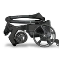 Electric Golf Remote Caddy With Smart Gps Navigation And Touchscreen folded for compact storage, showcasing sleek black finish and durable wheels.