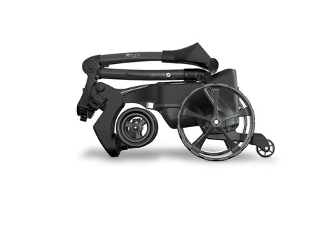 Electric Golf Remote Caddy With Smart Gps Navigation And Touchscreen folded for compact storage, showcasing sleek black finish and durable wheels.