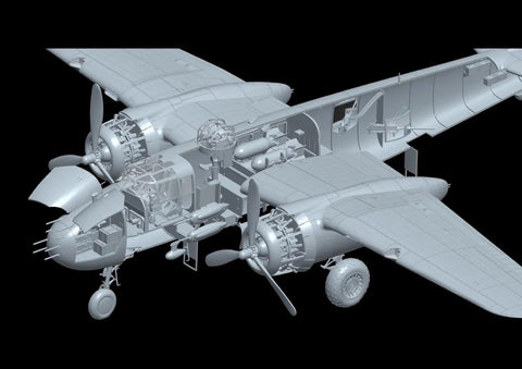 Detailed view of 1/32 US Army B-25J Mitchell Strafing Babes Plastic Model Kit With 499 Parts, unpainted assembly showing internal structures