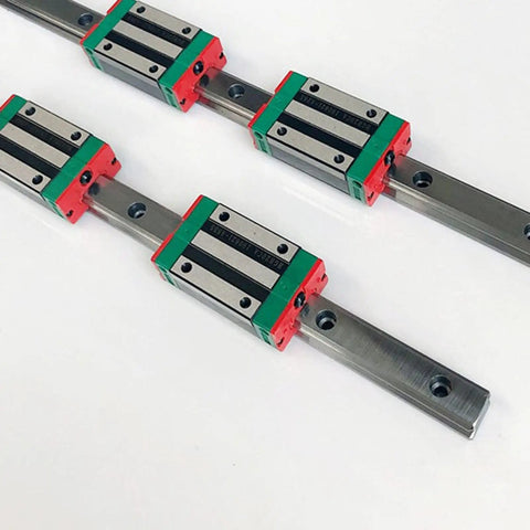 Two Pack HGR20 Square Linear Guide Rails With Four HGH20CA And HGW20CC Block Carriages For CNC Router Engraving And Precision Motion Devices, 500mm Rails, pro grade smooth operation, low backlash and durable build, shown with four carriages on steel rails